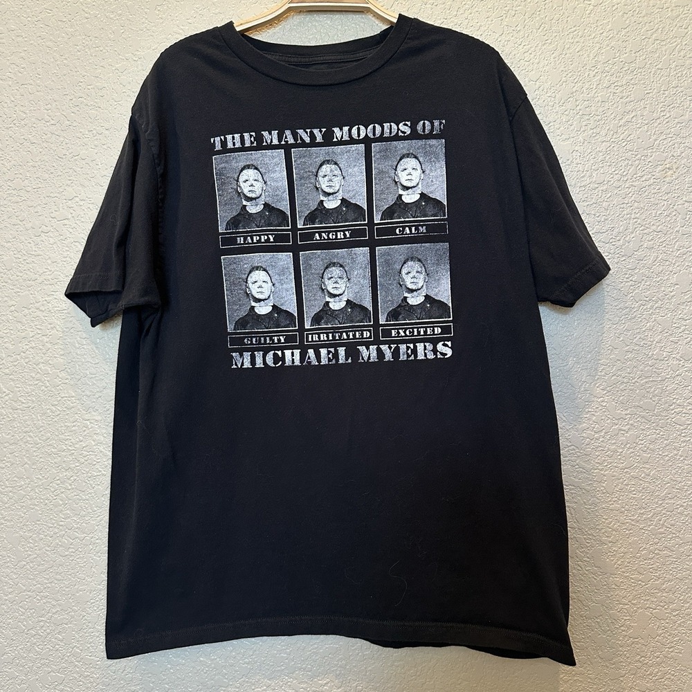 Halloween T-Shirt Large Black Many Moods Michael Myers Emotion Graphic Cotton